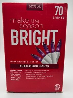 BRAND NEW 70-PURPLE Mini Lights Indoor/Outdoor 14.3' New in Box CHRISTMAS LIGHTS